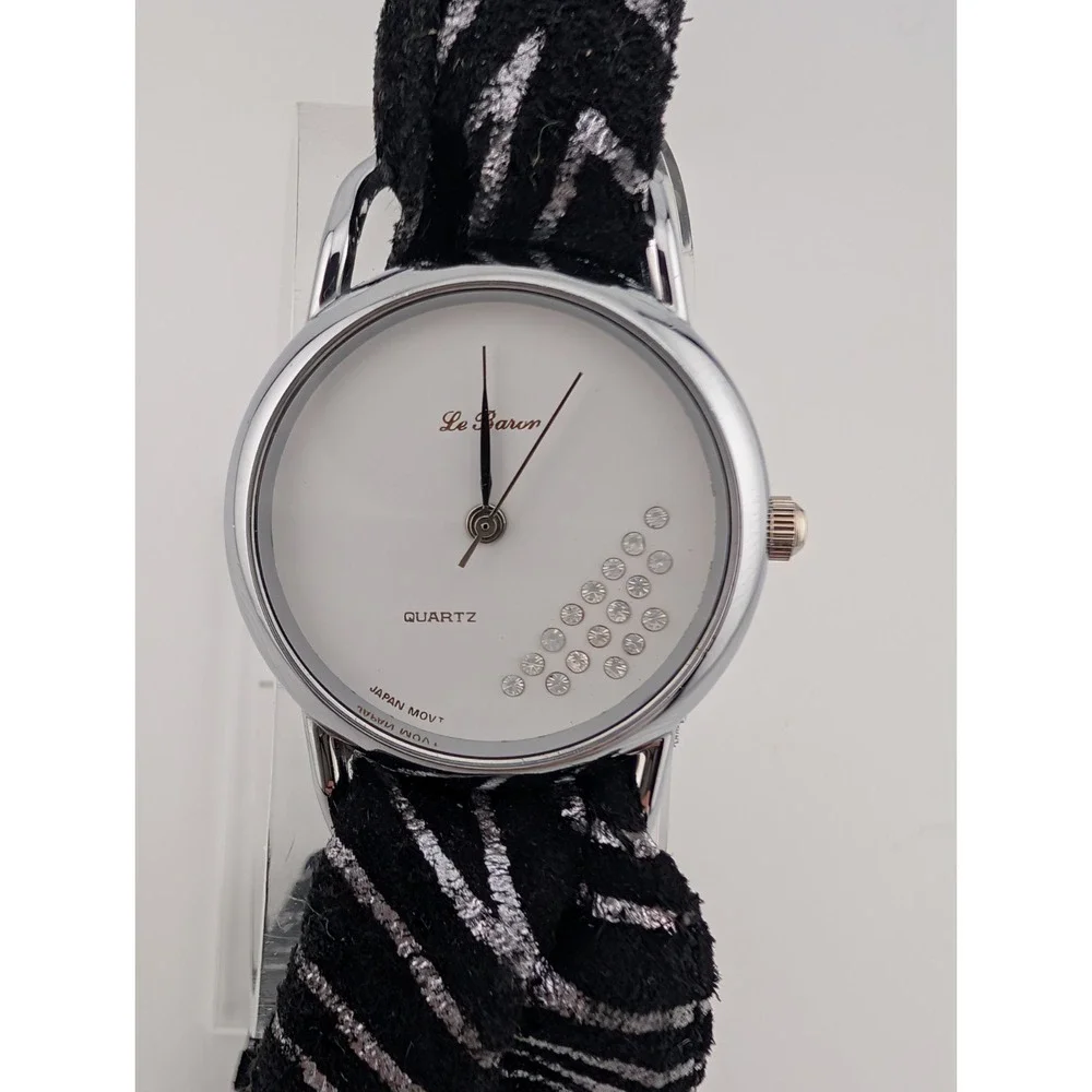Vintage Le Baron Watch Women 29mm Silver Case Black Leather Fabric Band- Working